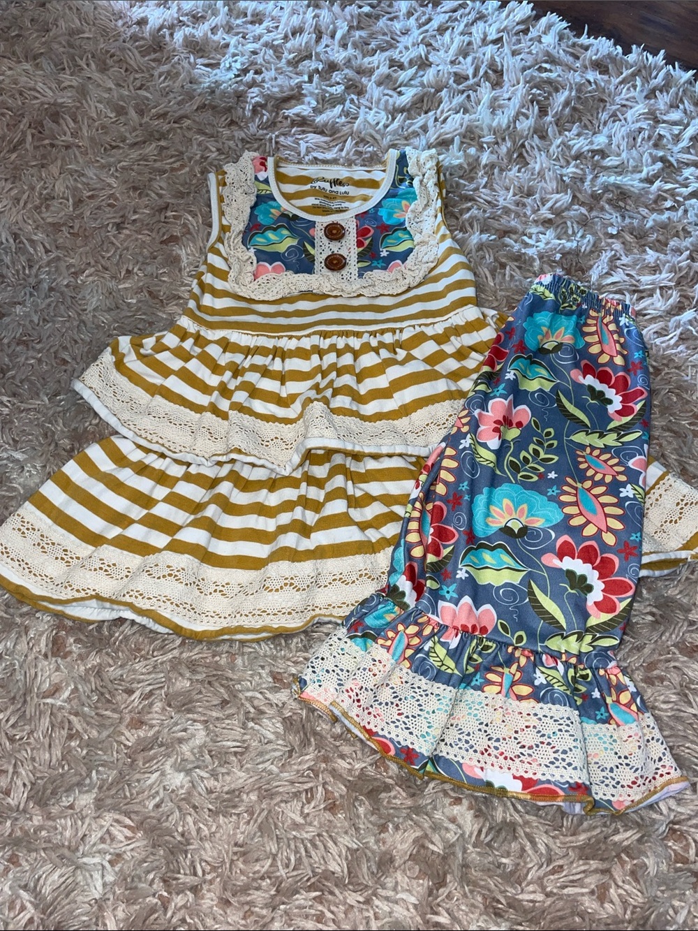 Ruffle Butts Mustard Stripe Ruffle Dress with Blue Floral Pants